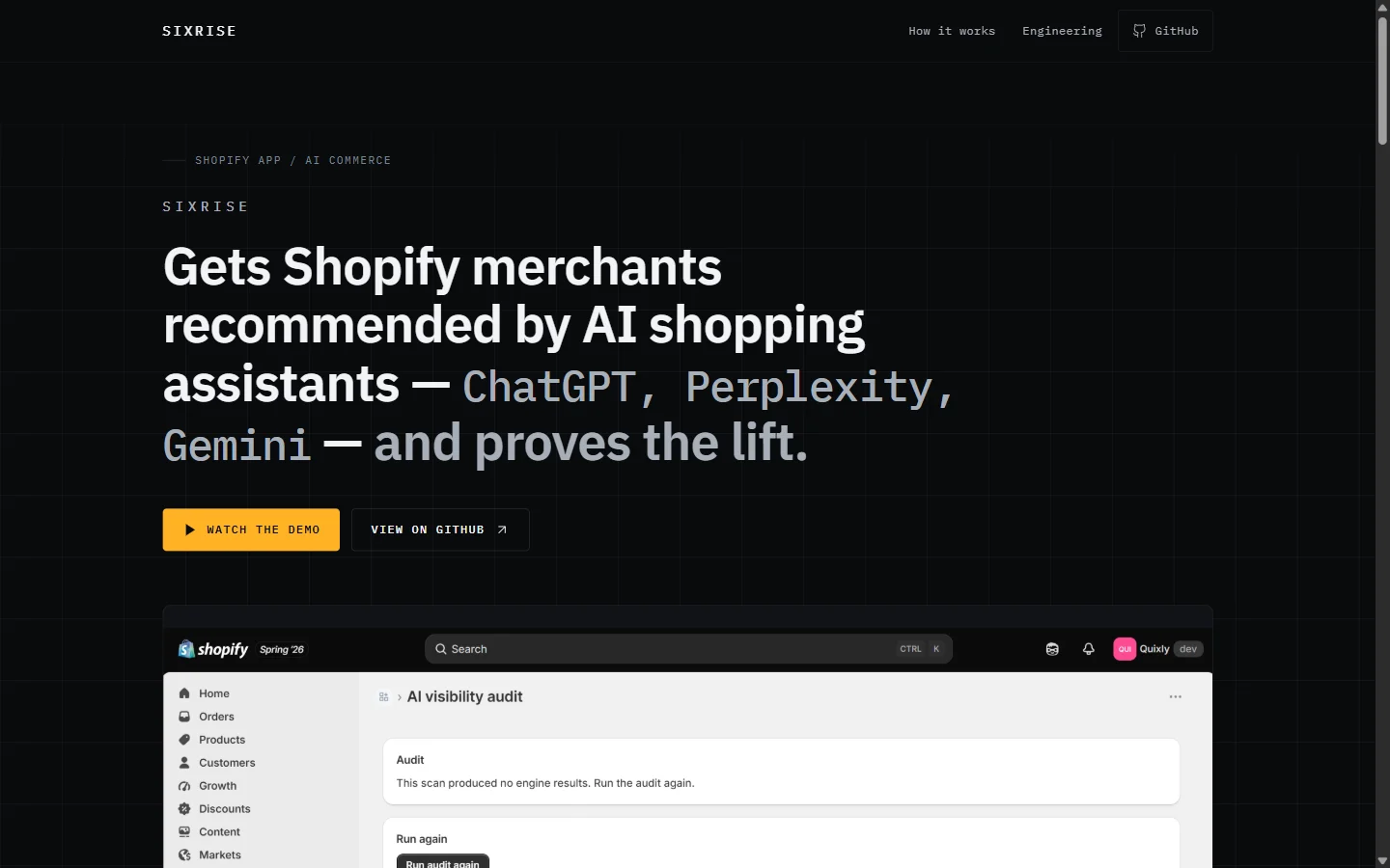 SixRise homepage: &lsquo;Gets Shopify merchants recommended by AI shopping assistants&rsquo;, above a preview of the app running inside the Shopify admin